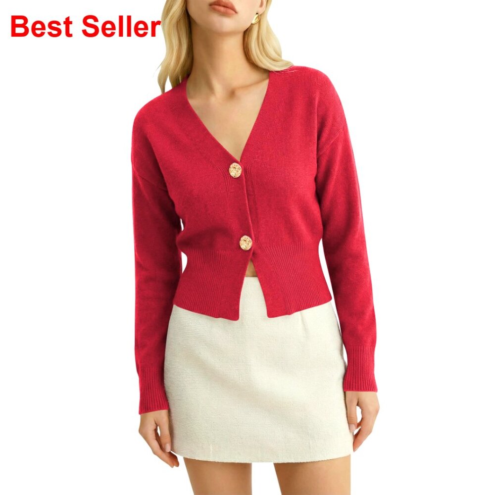 Cropped V-Neck Cardigan Sweater Lightweight Knit Spring Office Casual